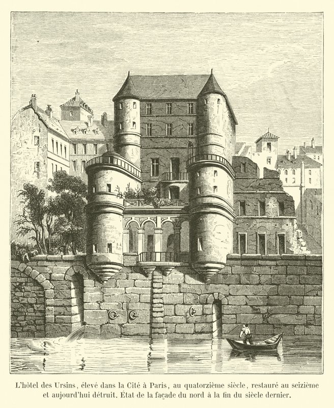 Hôtel des Ursins, byggt i Cité i Paris på 1300-talet, restaurerat på 1500-talet och nu förstört, tillståndet i den norra fasaden i slutet av förra seklet av French School