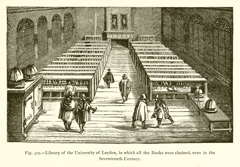 Bibliotek vid University of Leyden, där alla böcker var kedjade, även på 1600-talet av French School