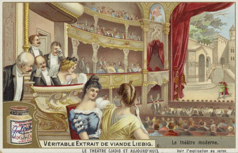 Liebig-kort med en modern teater av French School