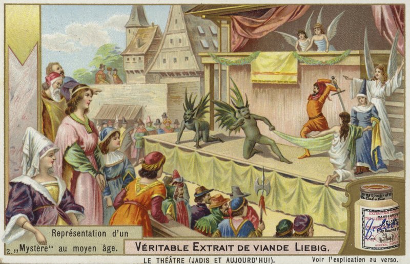 Liebig-kort med en representation av ett medeltida mysterium av French School