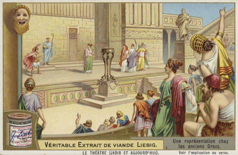 Liebig-kort som presenterar en representation av forntida grekisk teater av French School