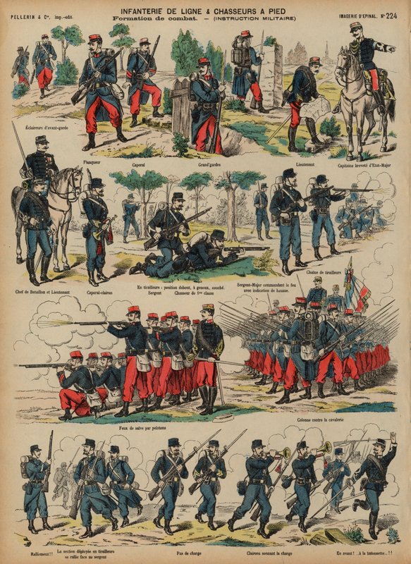 Linjeinfanteri och chassörer från den franska armén (färgad gravyr) av French School