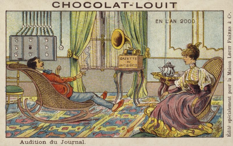 Lyssna på nyheterna via fonograf år 2000 av French School