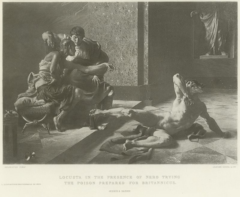 Locusta i närvaro av Nero som prövar giftet förberett för Britannicus (gravyr) av French School