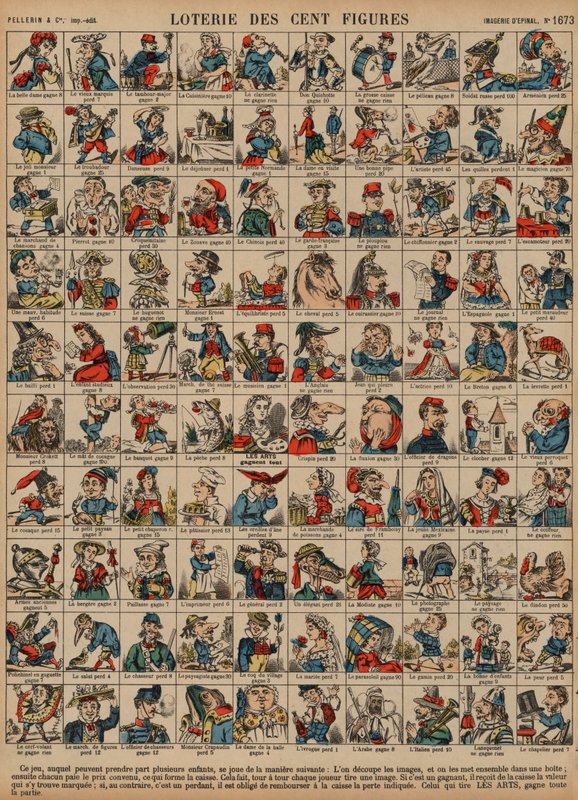 Lotteri med hundra figurer (färgad gravyr) av French School