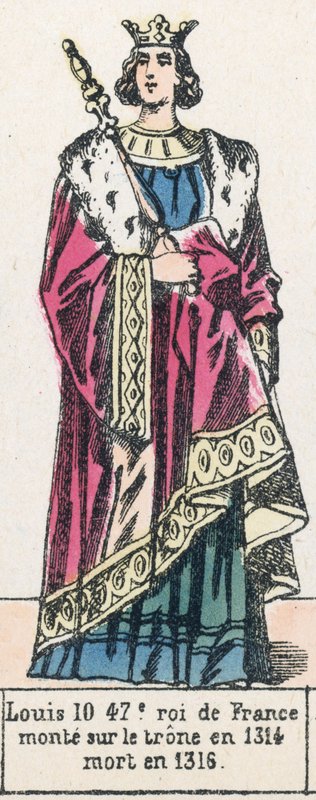 Ludvig 10, 47:e kung av Frankrike, besteg tronen 1314, dog 1316 (färgad gravyr) av French School