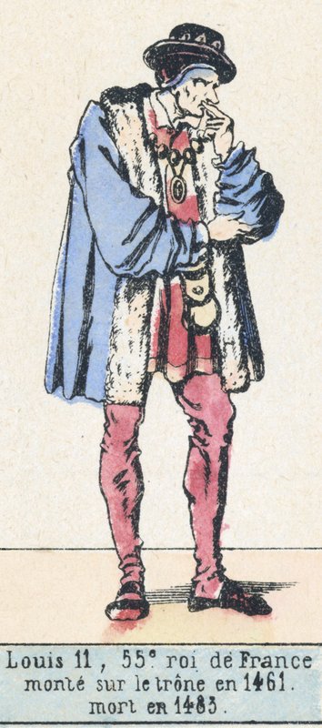 Ludvig 11, 55:e kung av Frankrike, besteg tronen 1461, dog 1483 (färgad gravyr) av French School