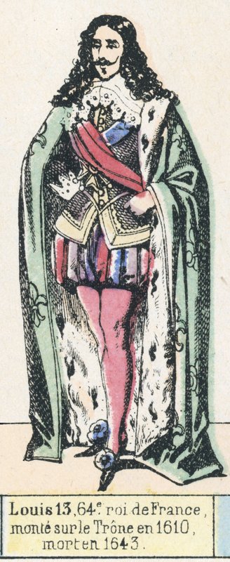 Ludvig 13, Frankrikes 64:e kung, besteg tronen 1610, dog 1643 (färgad gravyr) av French School