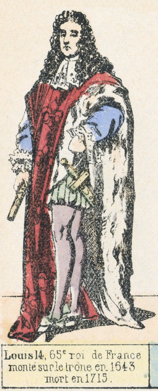 Ludvig 14, Frankrikes 65:e kung, besteg tronen 1643, dog 1715 (färgad gravyr) av French School