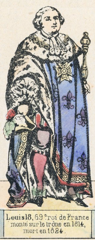 Ludvig 18, Frankrikes 69:e kung, besteg tronen 1814, dog 1824 (färgad gravyr) av French School