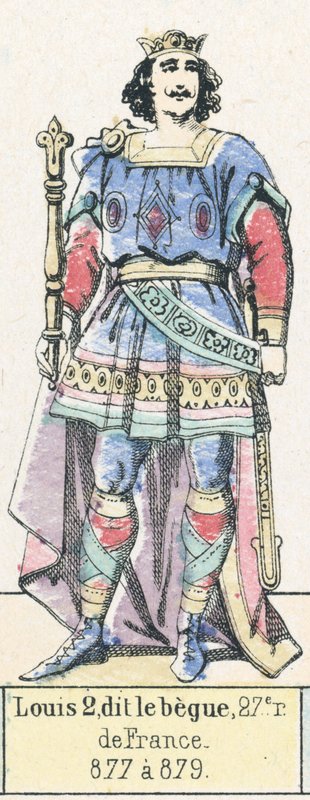 Louis 2, dit le begue, 27:e kungen av Frankrike, 877 till 879 (färgad gravyr) av French School