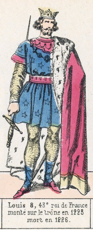 Ludvig 8, 43:e kung av Frankrike, besteg tronen 1223, dog 1226 (färgad gravyr) av French School