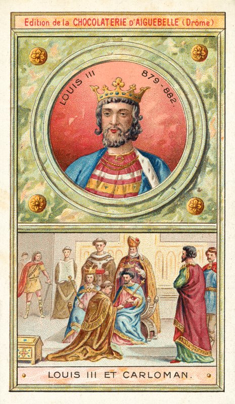 Ludvig III och hans yngre bror Carloman II, gemensamma kungar av Frankrike, 900-talet (chromolitho) av French School