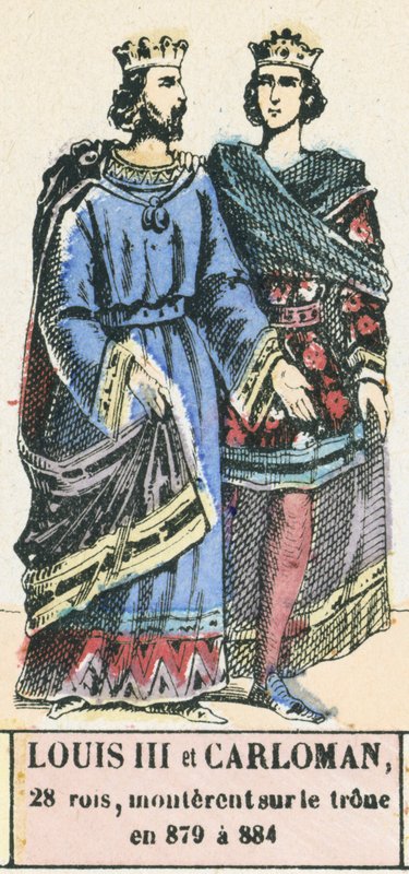 Ludvig III och Carloman, 28 kungar, besteg tronen 879 till 884 (färgad gravyr) av French School