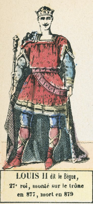 Louis II dit le Begue, 27:e kung, besteg tronen 877, dog 879 (färgad gravyr) av French School