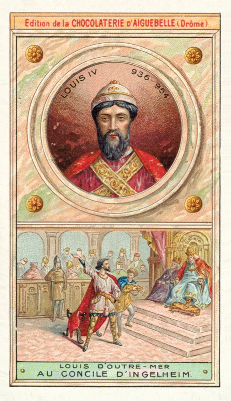 Ludvig IV av Frankrike vid rådet i Ingelheim, 948 (chromolitho) av French School
