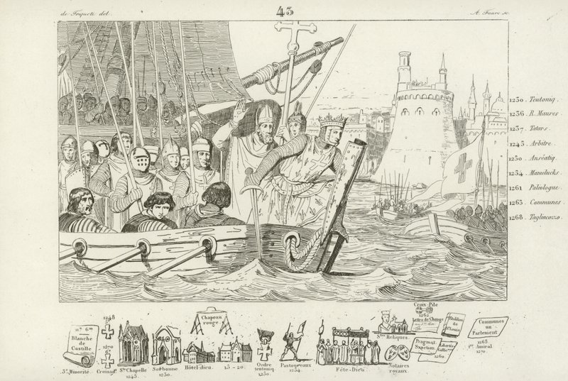 Ludvig IX av Frankrike ledde attacken mot Damietta, Egypten, 7:e korståget, 1249 av French School