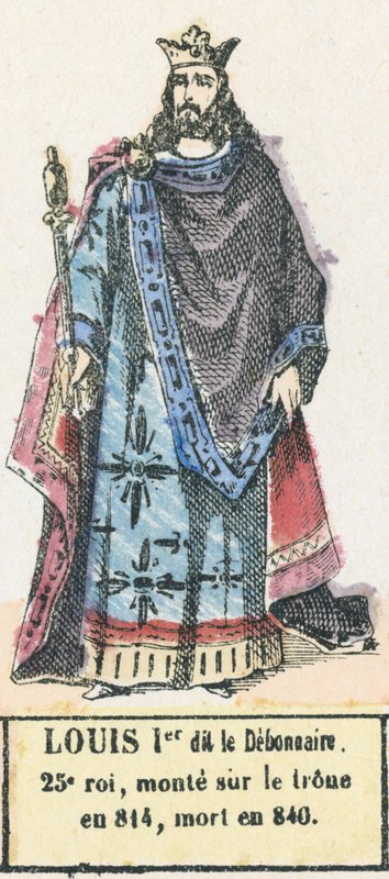 Louis Ier dit le Debonnaire, 25:e kung, besteg tronen 814, dog 840 (färgad gravyr) av French School