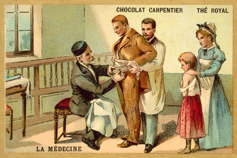 Louis Pasteur inokulerar en patient mot rabies på Pasteur Institute (chromolitho) av French School