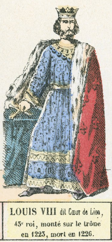 Louis VIII dit Coeur de Lion, 43:e kung, besteg tronen 1223, dog 1226 (färgad gravyr) av French School