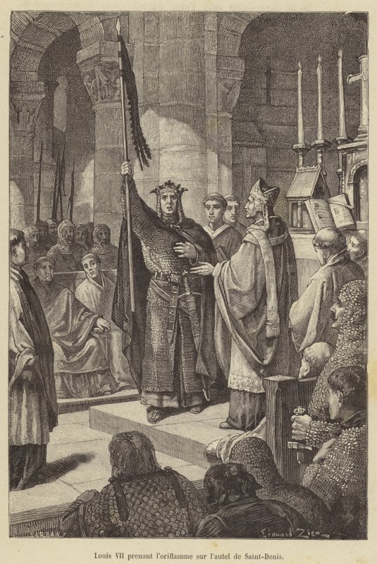 Ludvig VII tar banern från Saint-Denis altar (gravyr) av French School