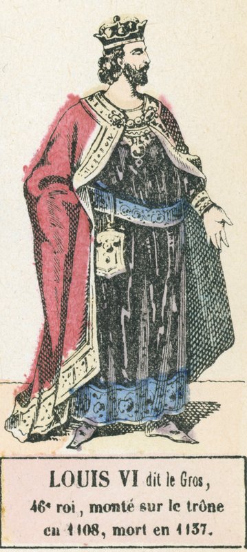 Ludvig VI dit le Gros, 46:e kung, besteg tronen 1108, dog 1137 (färgad gravyr) av French School