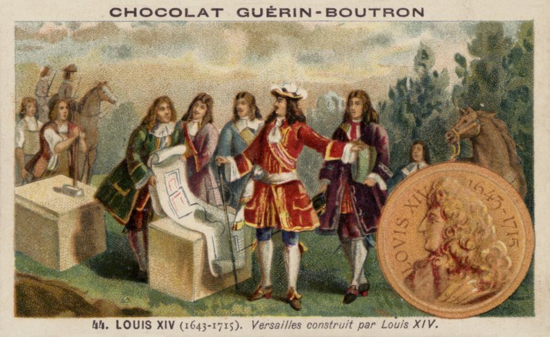 Ludvig XIV av Frankrike övervakar byggandet av slottet i Versailles (chromolitho) av French School