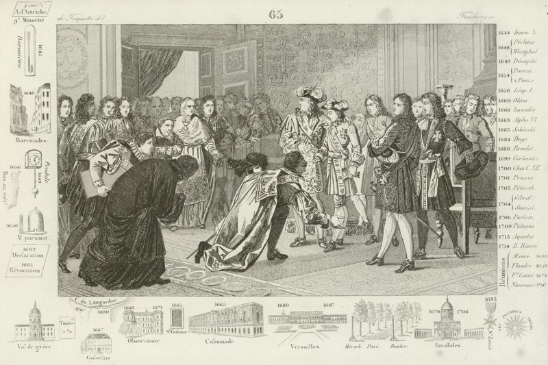 Ludvig XIV presenterar sitt barnbarn, Filip V, för de spanska sändebuden, som deras nya kung, 1700 av French School