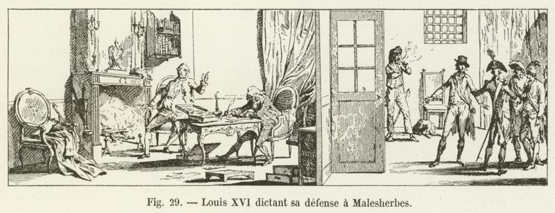Ludvig XVI dikterar sitt försvar till Malesherbes av French School