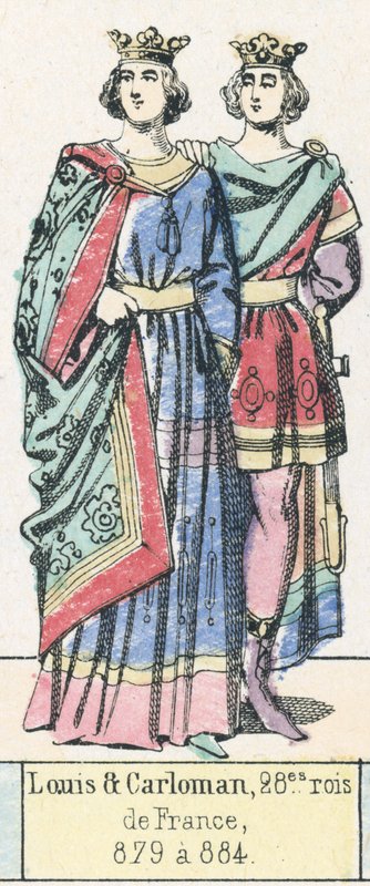 Louis och Carloman, 28:e kungar av Frankrike, 879 till 884 (färgad gravyr) av French School