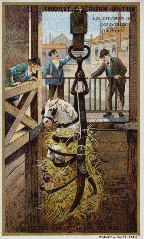 Att sänka en häst i en gruva (chromolitho) av French School