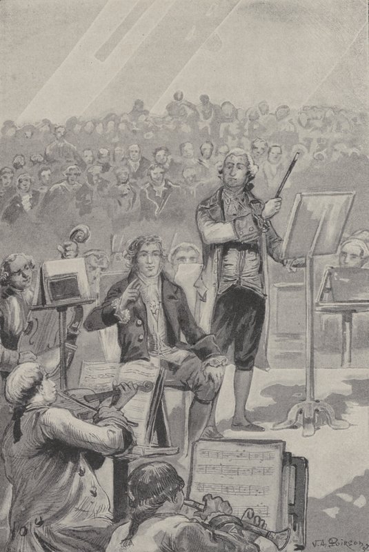 Ludwig van Beethoven dirigerar en orkester trots sin dövhet (gravyr) av French School