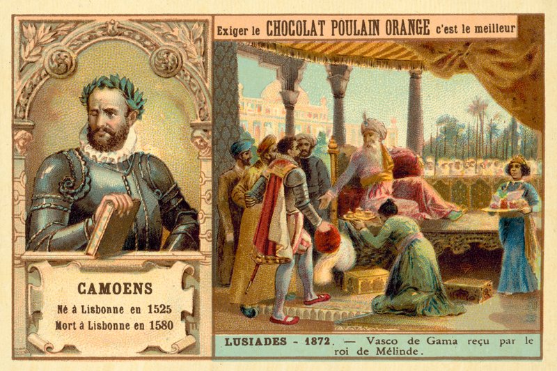 Luis de Camoes, portugisisk poet, och en scen ur hans dikt The Lusiads, som skildrar hur Vasco da Gama tas emot av kungen av Malindi (kromolit) av French School