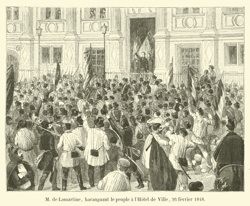 M de Lamartine, sörjer folket på Hôtel de Ville, 26 februari 1848 av French School