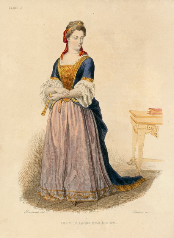 Madame Deshoulieres (färgad gravyr) av French School