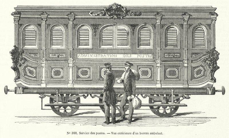 Postvagn på de franska järnvägarna (gravyr) av French School