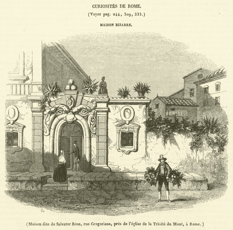 Hus som heter Salvator Rosa, Gregoriana Street, nära bergets treenighetskyrka, i Rom (gravyr) av French School
