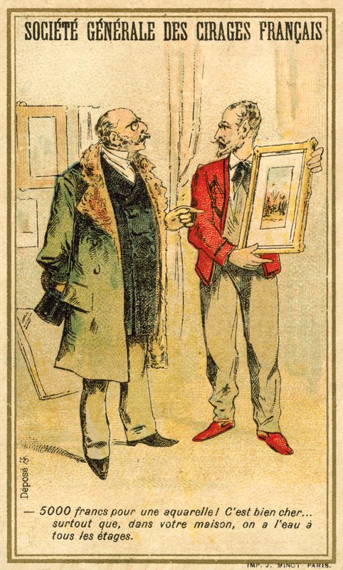 Man prutar om priset på en akvarell med en konstnär (chromolitho) av French School
