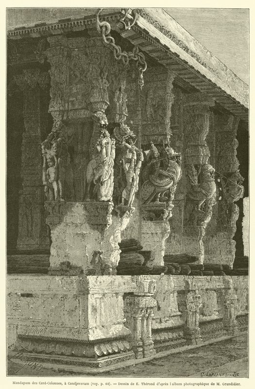Mandapam av de hundra kolumnerna, vid Condjeveram (gravyr) av French School