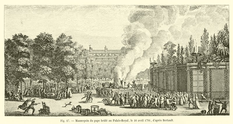 Påvens skyltdocka brändes i Palais-Royal den 16 april 1791, enligt Bertault av French School