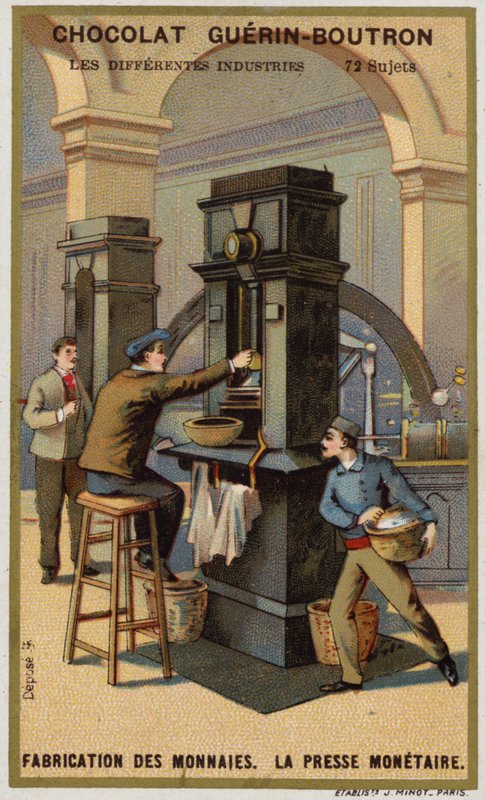 Tillverkar mynt. Myntpress (chromolitho) av French School