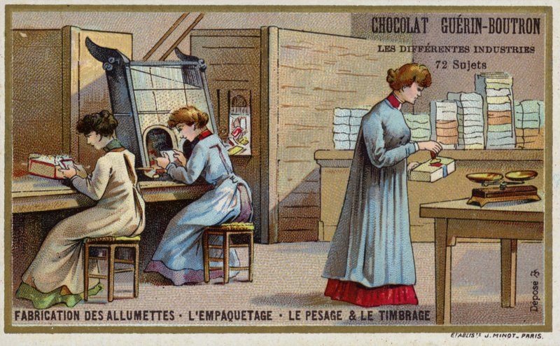 Tillverkar tändstickor. Packning, vägning och stämpling (chromolitho) av French School