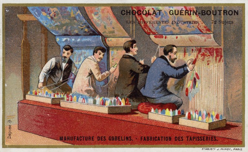 Tillverkar gobelänger på Gobelins Manufactory (chromolitho) av French School
