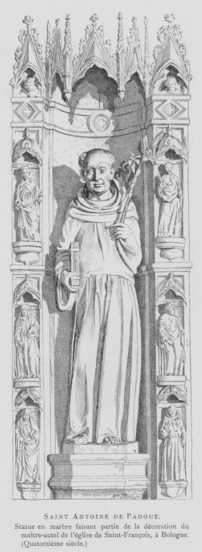 Marmorstaty av St Anthony av Padua, Basilica of St Francis, Bologna, Italien (litho) av French School