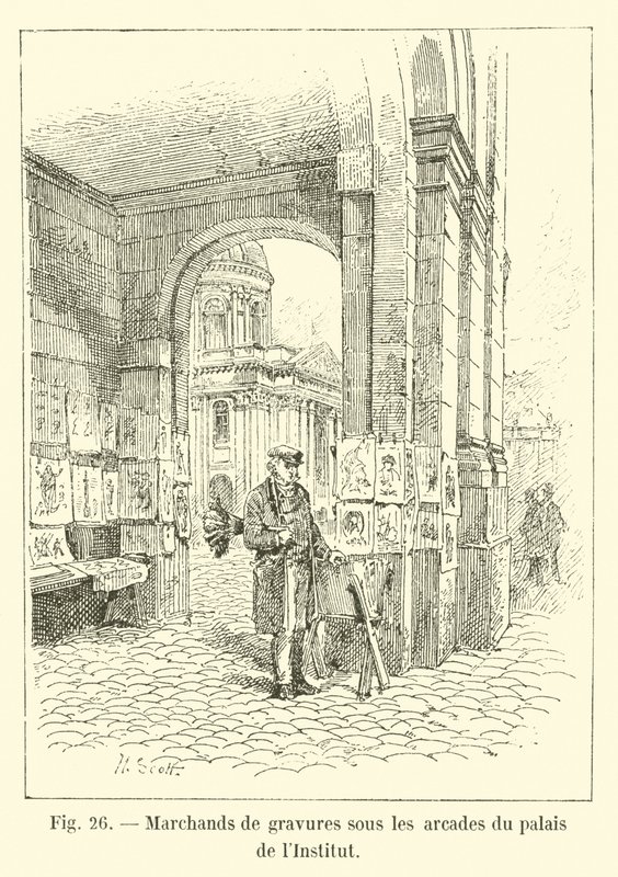 Handlare av gravyrer under arkaderna i Palace of Institute av French School