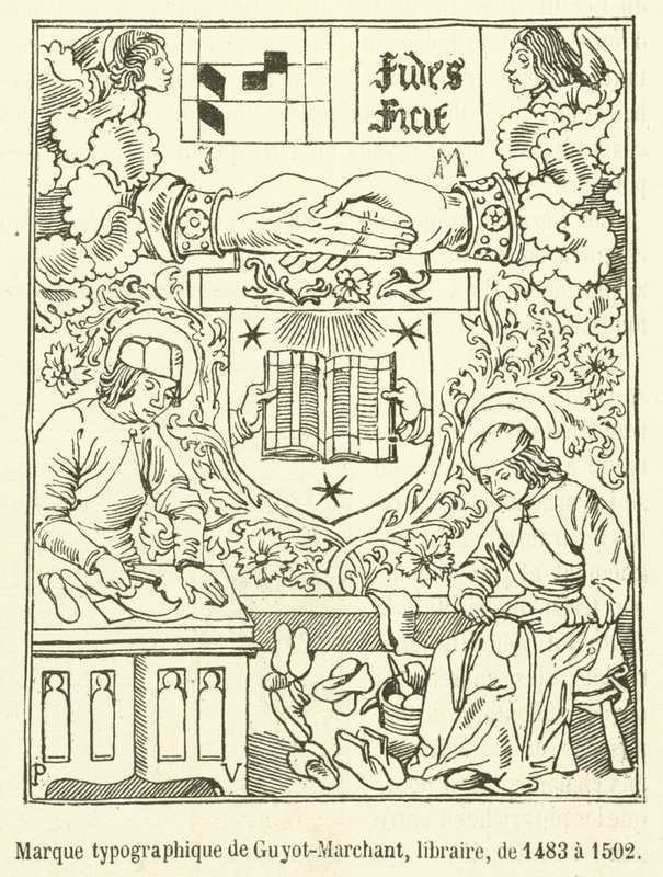 Typografiskt märke av Guyot-Marchant, bokhandlare, från 1483 till 1502 (gravyr) av French School