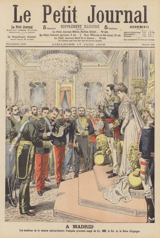 Äktenskap mellan kung Alfonso XIII av Spanien och Victoria Eugenie av Battenberg (färg litho) av French School
