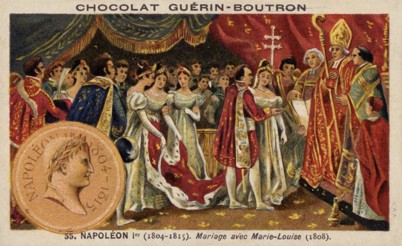 Äktenskap mellan Napoleon och Marie Louise av Österrike (chromolitho) av French School