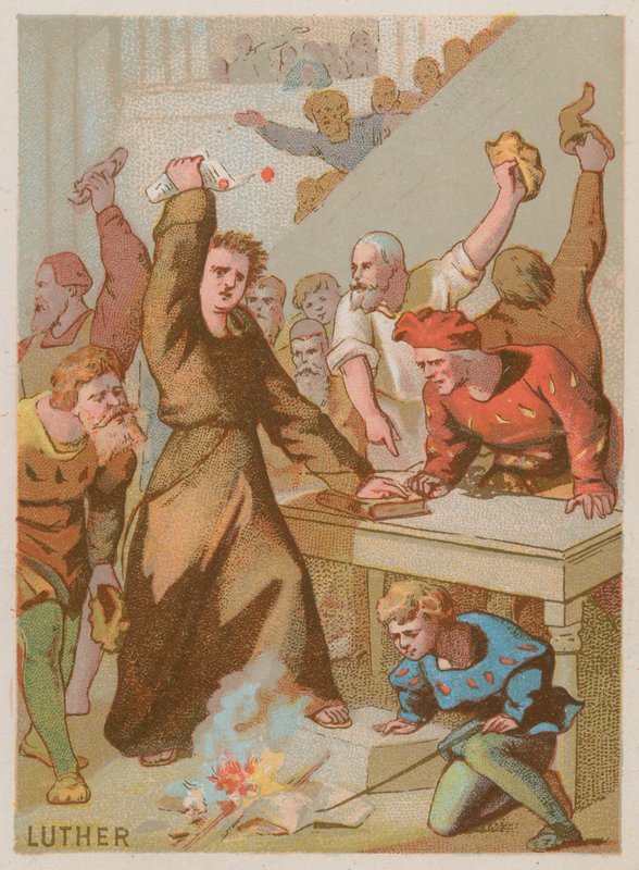 Martin Luther bränner den påvliga tjuren och förbjuder hans verk av French School