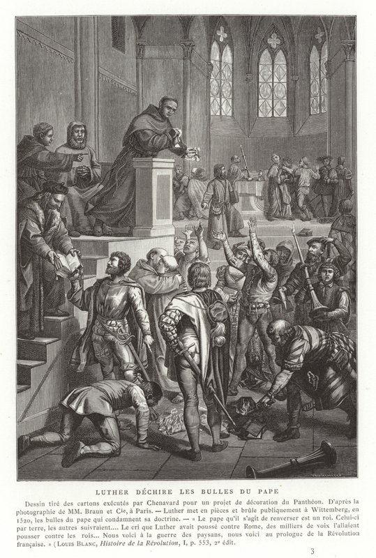 Martin Luther river upp påvliga tjurar, Wittenberg, Tyskland, 1520 av French School